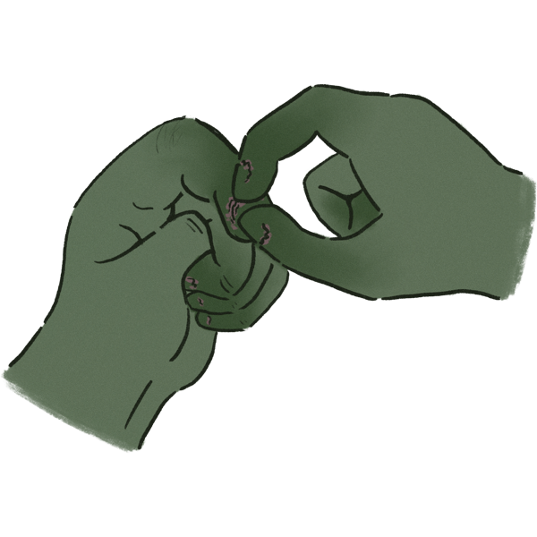 two green hands. one picks at the skin around the nails for the other one. The skin around the nails of all the fingers is raw.